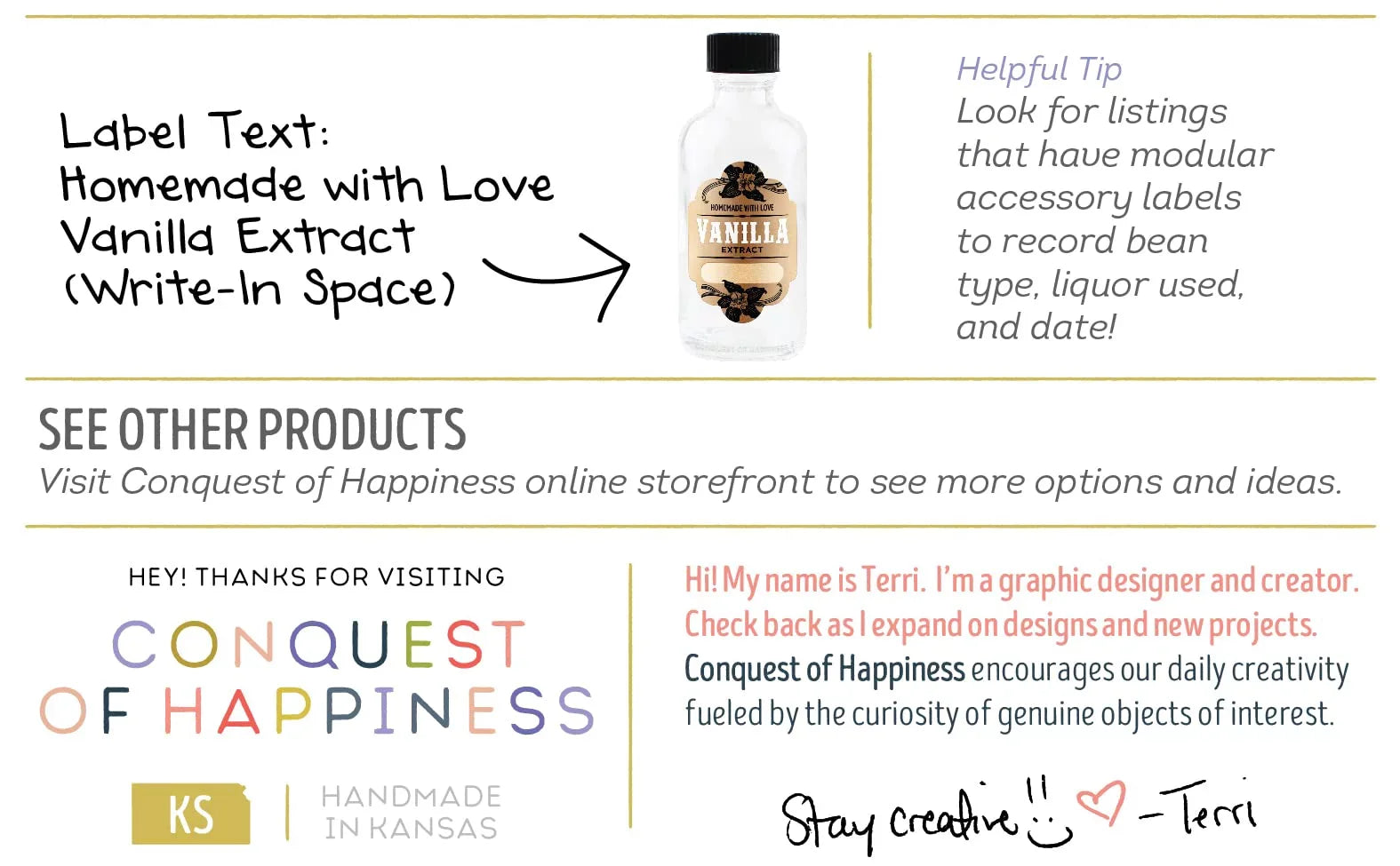 Homemade Vanilla Extract Labels with 2 oz Bottles - Write-In - Handmade by Conquest of Happiness | Pack of 08 - Exclusive Design