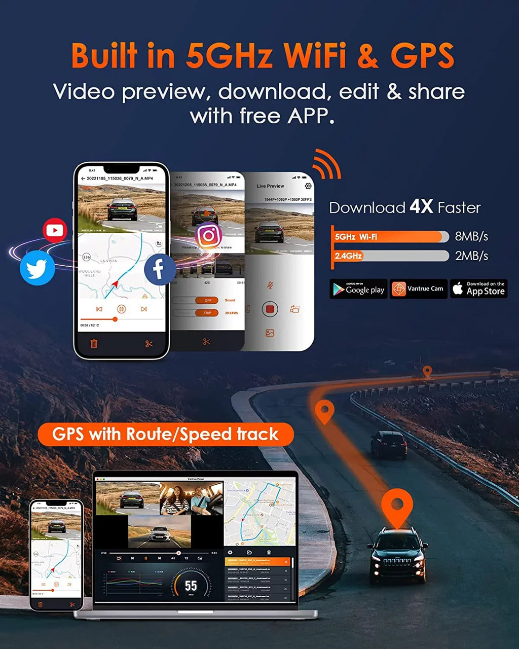 Vantrue E3 2.5K 3 Channel WiFi Dash Cam 1944P+1080P+1080P Front and Rear Inside 3 Way GPS Dash Camera for Car Voice Control IR Night Vision 24 Hrs Parking Mode Motion Detection - Exclusive Design