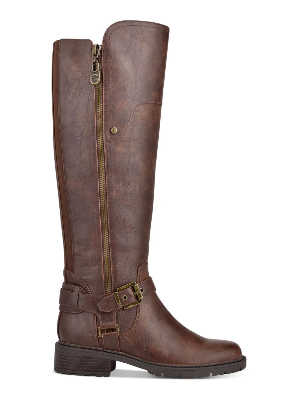 GBG Womens Brown 1/2" Platform Stretch Gore Padded Zipper Accent Buckle Accent Tealin Round Toe Block Heel Zip-Up Riding Boot 6 M - Exclusive Design