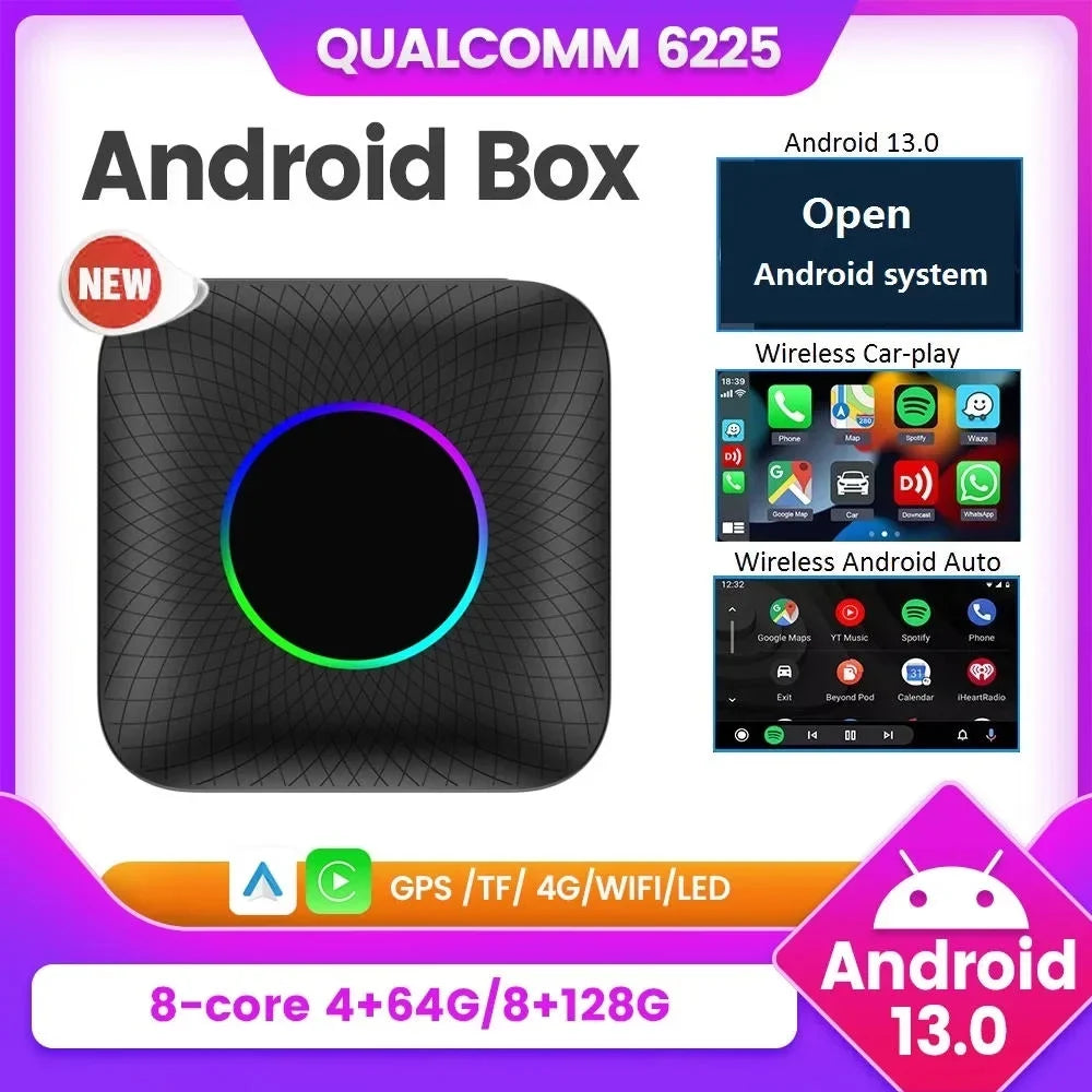 Stylish Carlinkit Ai Box Android 13 Led Wireless Android Auto & Apple CarPlay Smart Tv Box QCM6225 For Youtube Netflix Car Accessories