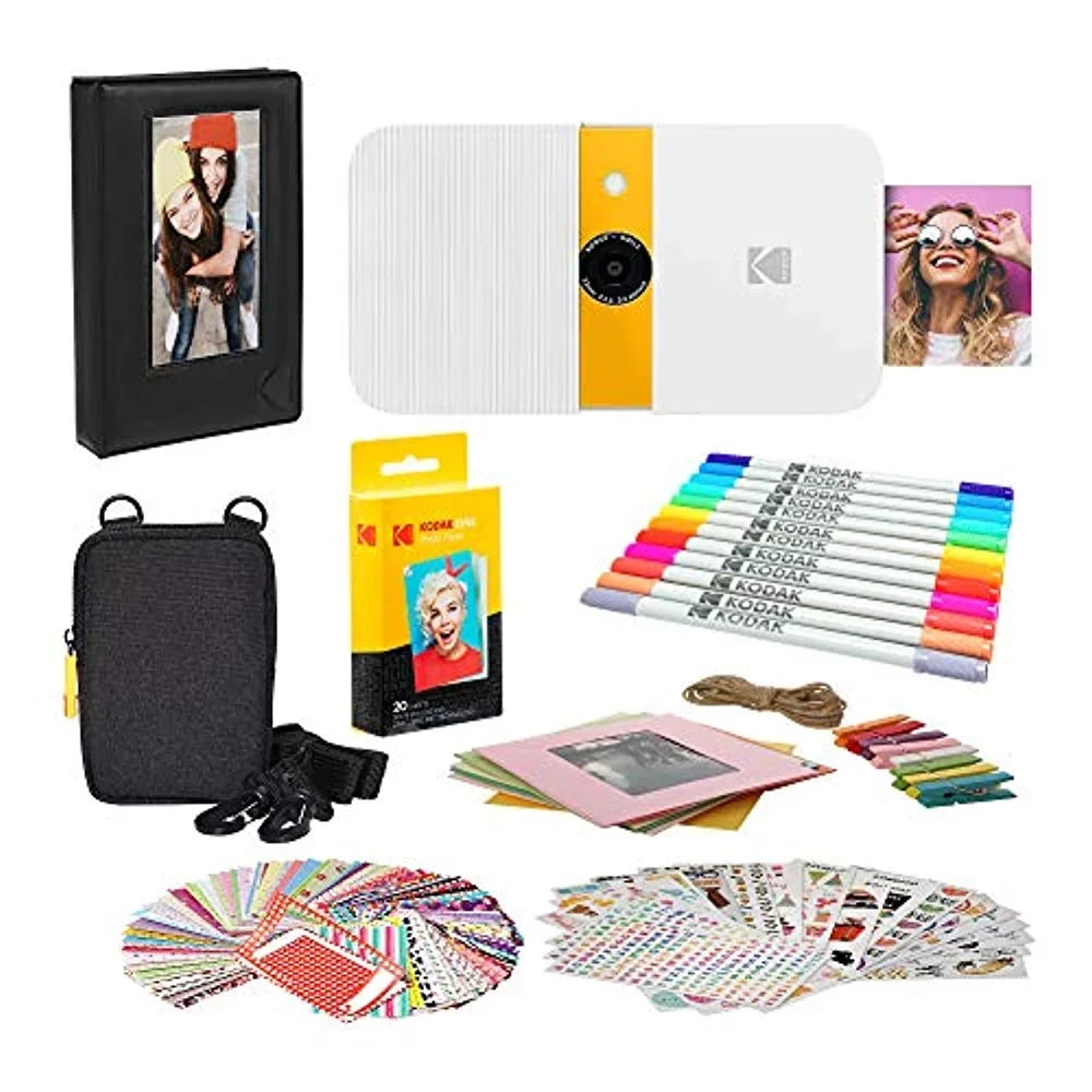 Stylish KODAK Smile Instant Print Digital Camera (White/Yellow) Photo Frames Bundle with Soft Case