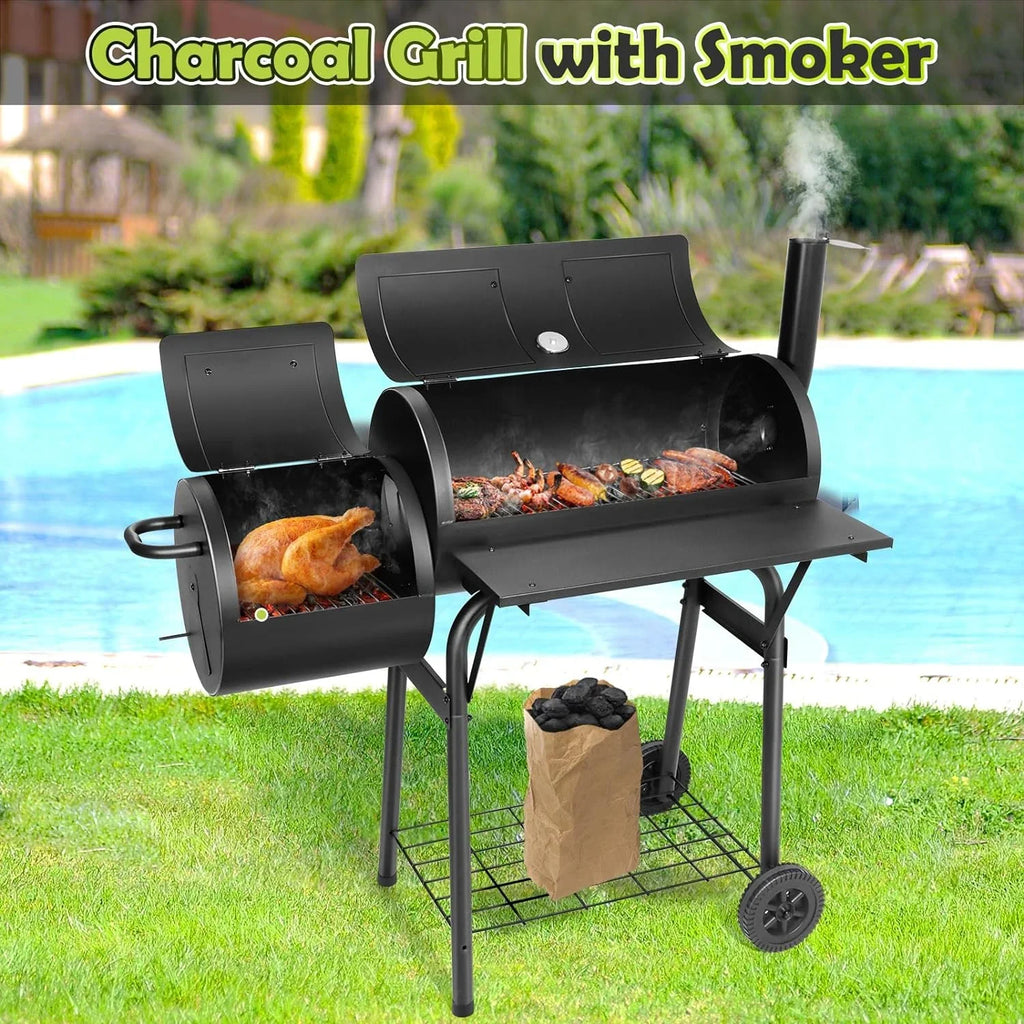 Outdoor BBQ Grill, Barrel Charcoal Grill with Offset Smoker, Camping Barbecue Grill for Patio Backyard Garden Party Picnic, Large 420.SQ.IN Cooking Area, 2 Screwdrivers & 6 Hooks - Black - Exclusive Design