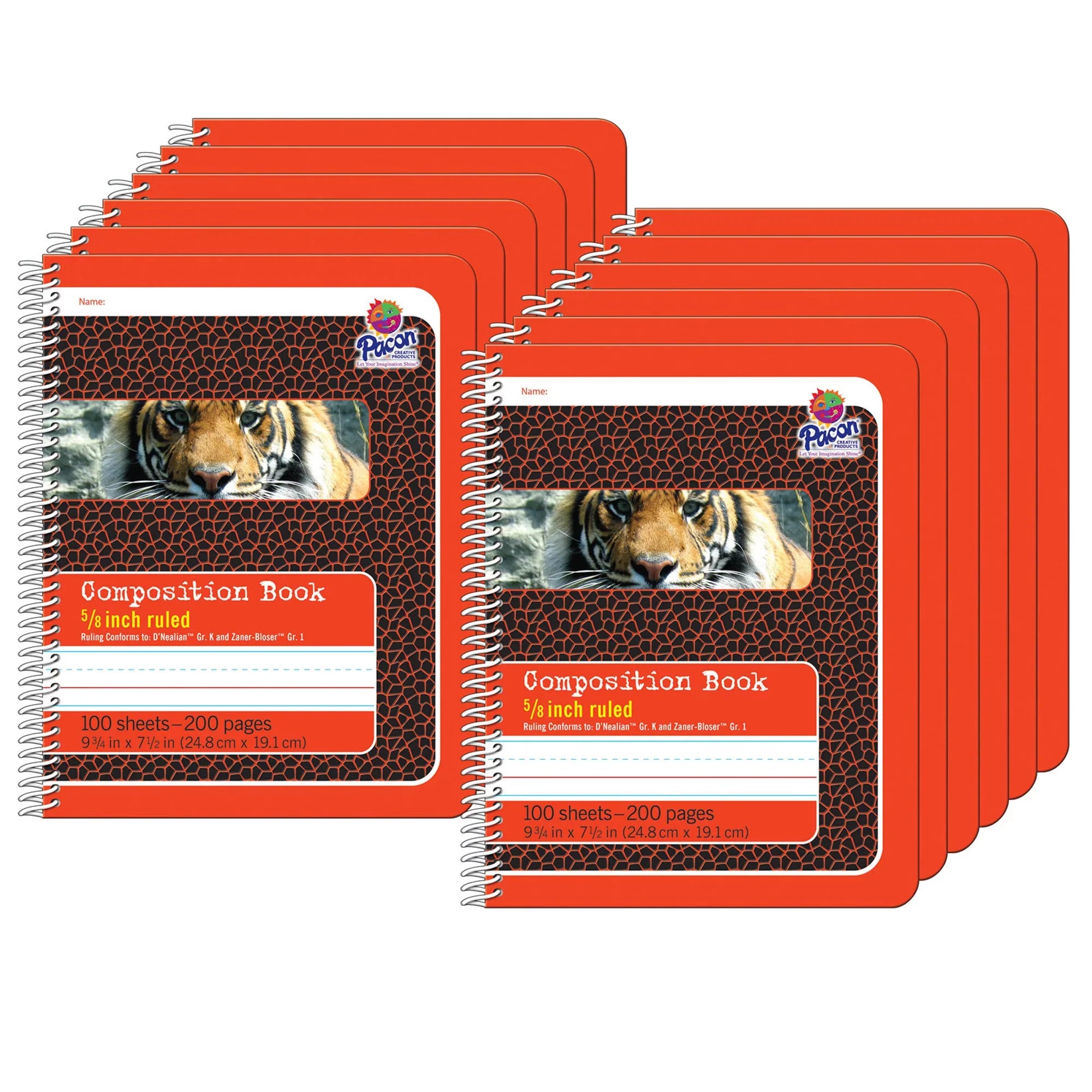 Primary Composition Book, 5/8" Ruled, Spiral Bound, Red/Tiger, 9.75" x 7.5", 200 Pages, Pack of 12 - Exclusive Design