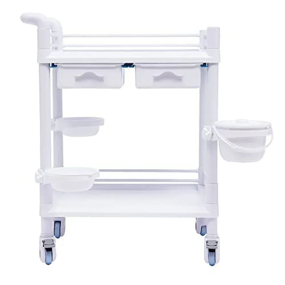 Stylish Medical Trolley Cart with 360Â°Rotate Wheels 2 Tier 275 Lbs Spacious Spa Beauty Salon Rolling Trolley with Dirt Buckets Drawers Heavy Duty Medical Utility Cart for Hospital Dental Clinic Beauty Salon