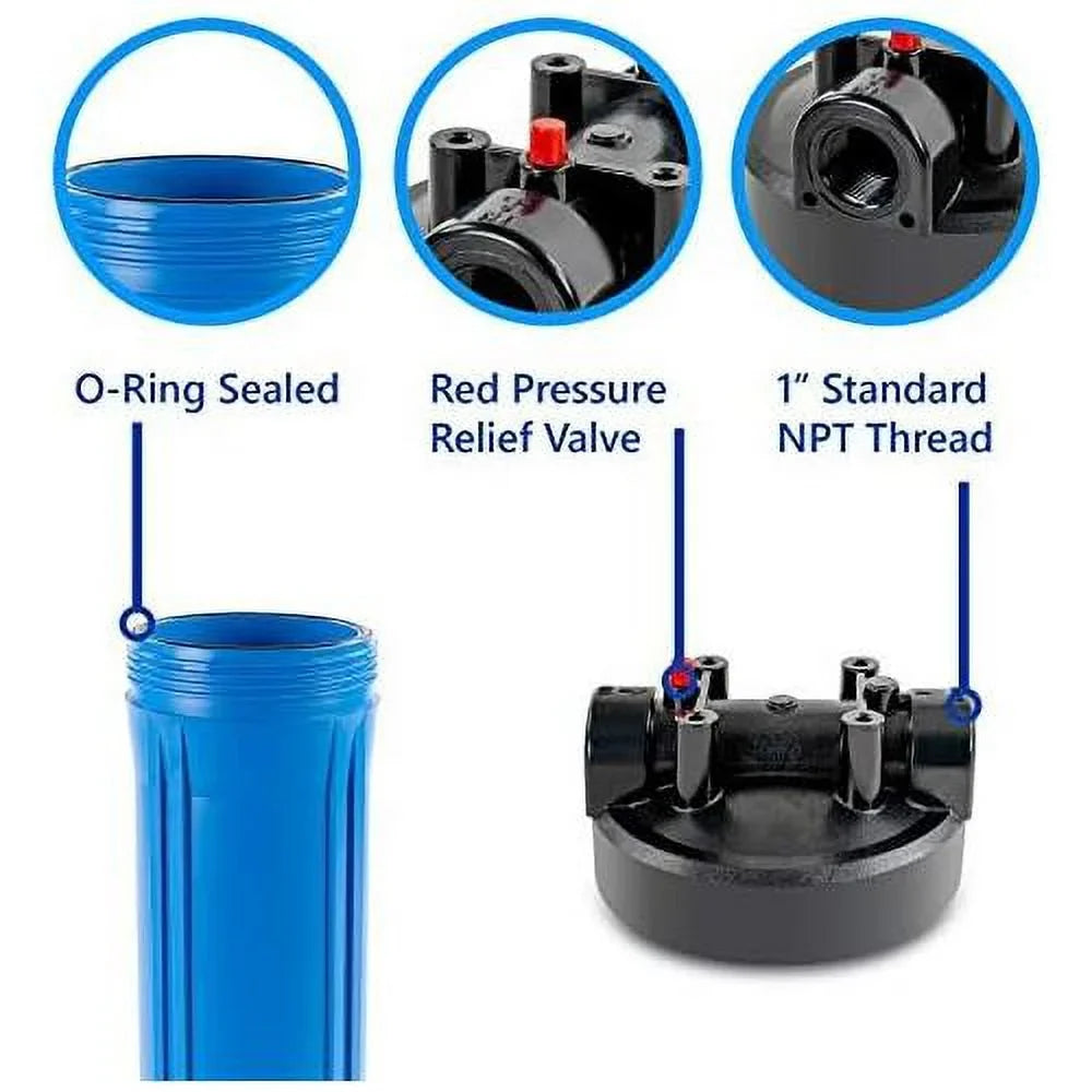 whole house water filter housing, universal 20-inch housing 4.5â x 20â, 1-inch npt inlet outlet, heavy duty standard size replacement includes wrench, pressure release button