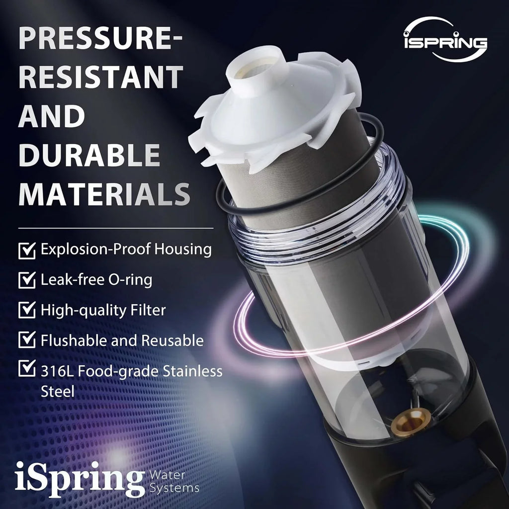 iSpring WSP100ARJ-BP Whole House Prefilter, Spin-Down Sediment Water Filter with Bypass, Upgraded Clear Housing, Jumbo Size, Flushable and Reusable, Touch-Screen Auto Flushing, 4 Modes, 100 Microns