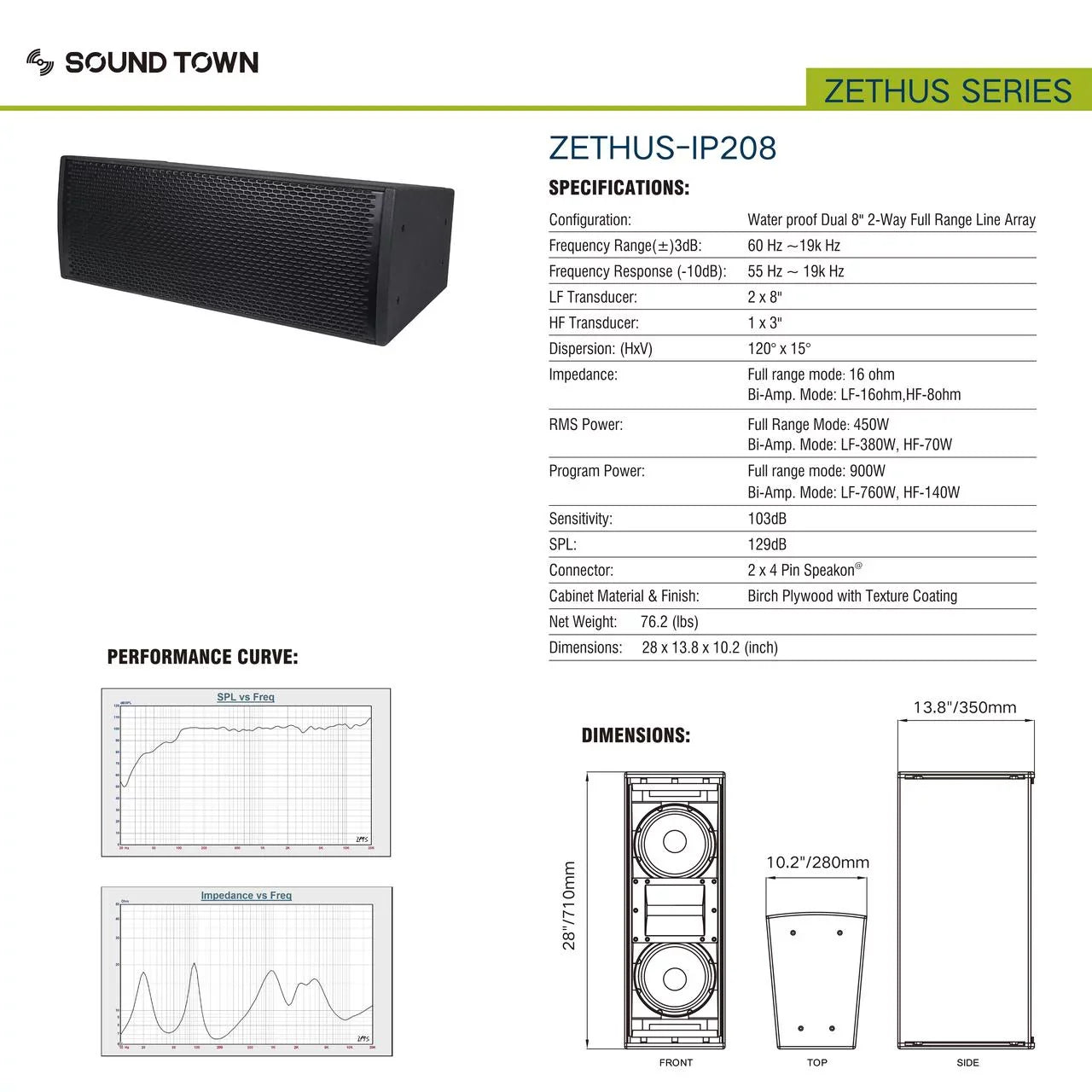 Sound Town All-Weather 4 x Dual 8â Water-Resistant Passive Line Array System with 3â Titanium Compression Drivers, Full Range/Bi-amp Switchable, Black (ZETHUS-IP208X4)