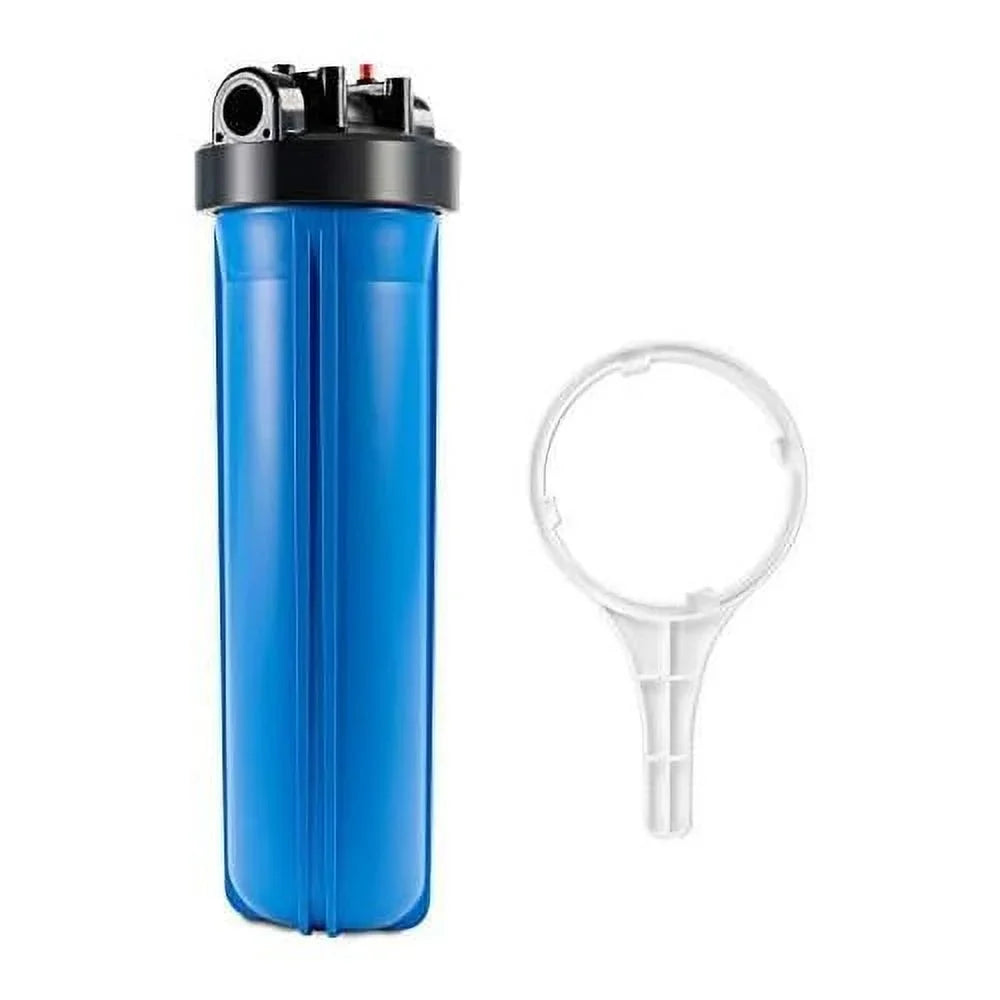 whole house water filter housing, universal 20-inch housing 4.5â x 20â, 1-inch npt inlet outlet, heavy duty standard size replacement includes wrench, pressure release button