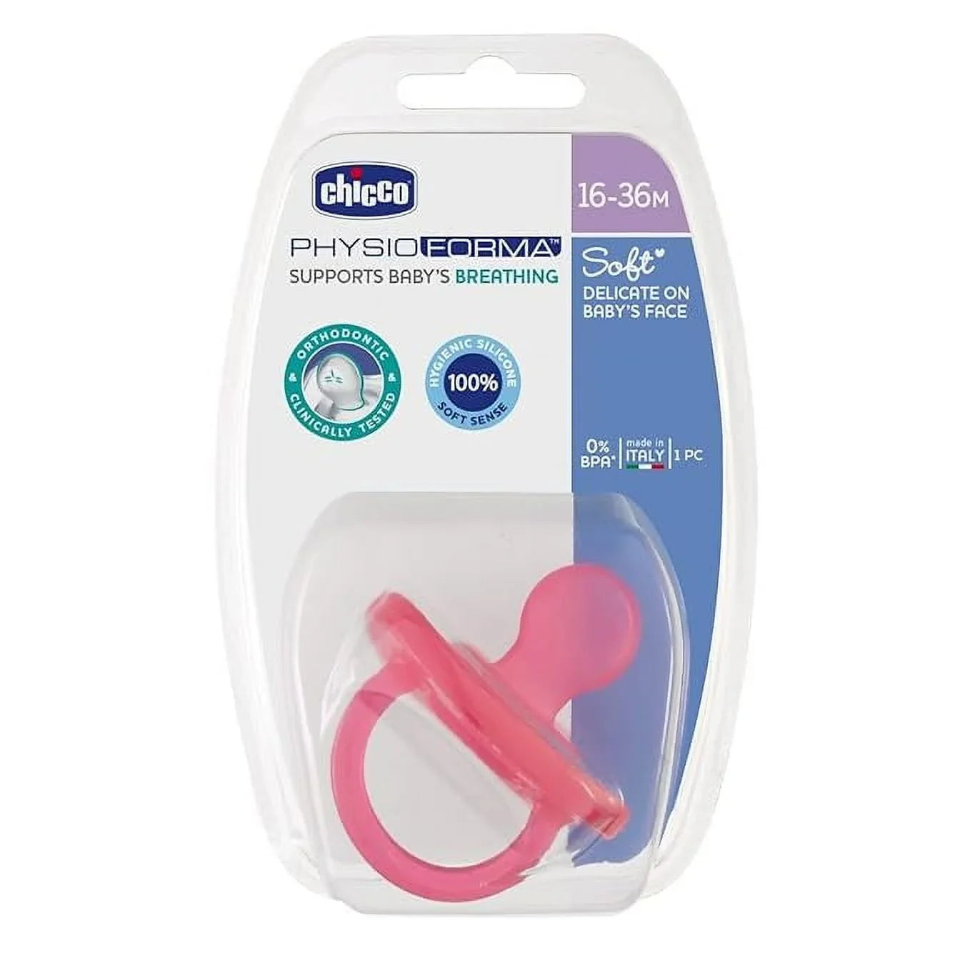 Stylish Chicco Physio Soft Baby Soother with Unique Shape to Support Psychological Breathing, Teether & Pacifier for Toddlers, BPA Free, 16-36M (Pink)