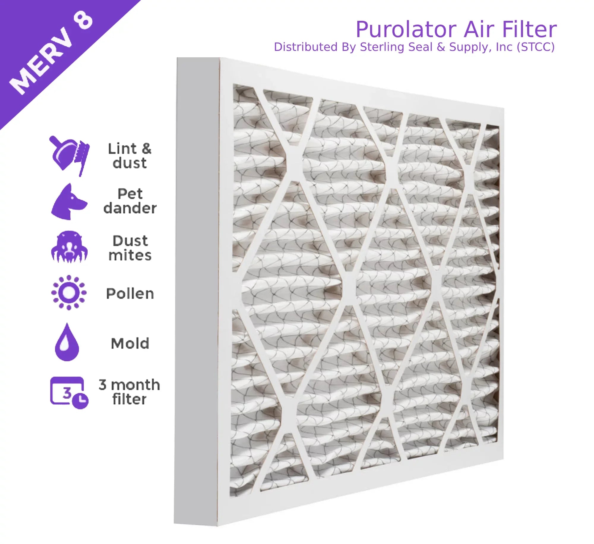 Stylish 14x25x2, Purolator DMK80 Extended Surface Pleated Air Filter, Mechanical MERV 8, (6 Pack)