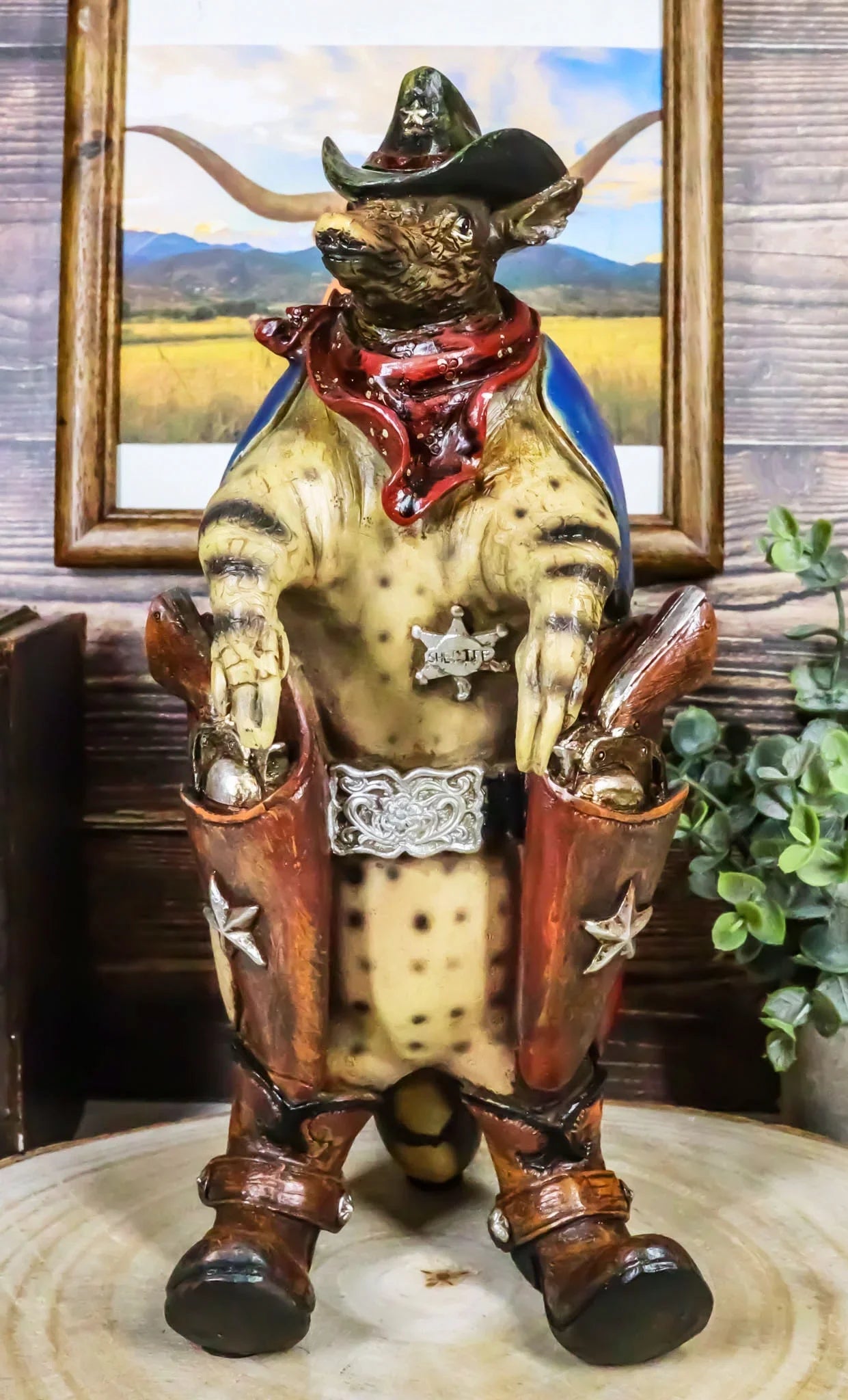 Stylish Western Rustic Texas Sherriff Cowboy Texan Armadillo Big Guns And Boots Figurine