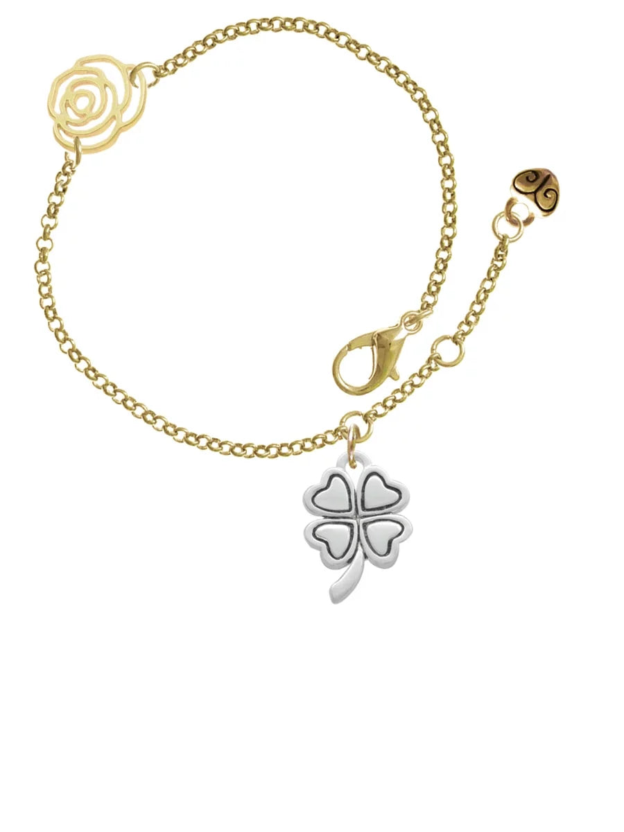 Delight Jewelry Silvertone Antiqued Four Leaf Clover Gold-tone Rose Link Chain Bracelet, 6.25"+1.75" Extender - Exclusive Design