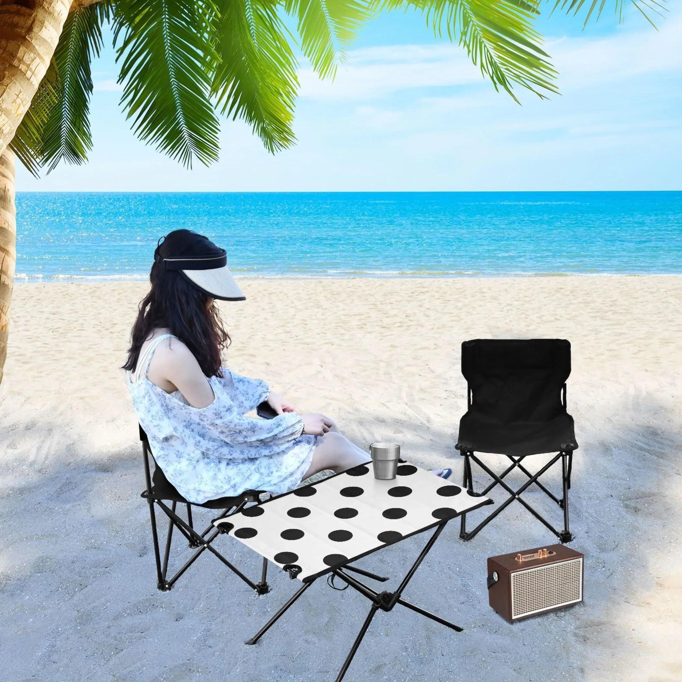 Black Polka Dots Camping Foldable Portable Table Beach Table with Storage Bag Compact Picnic Table for Outdoor Hiking Fishing BBQ - Exclusive Design