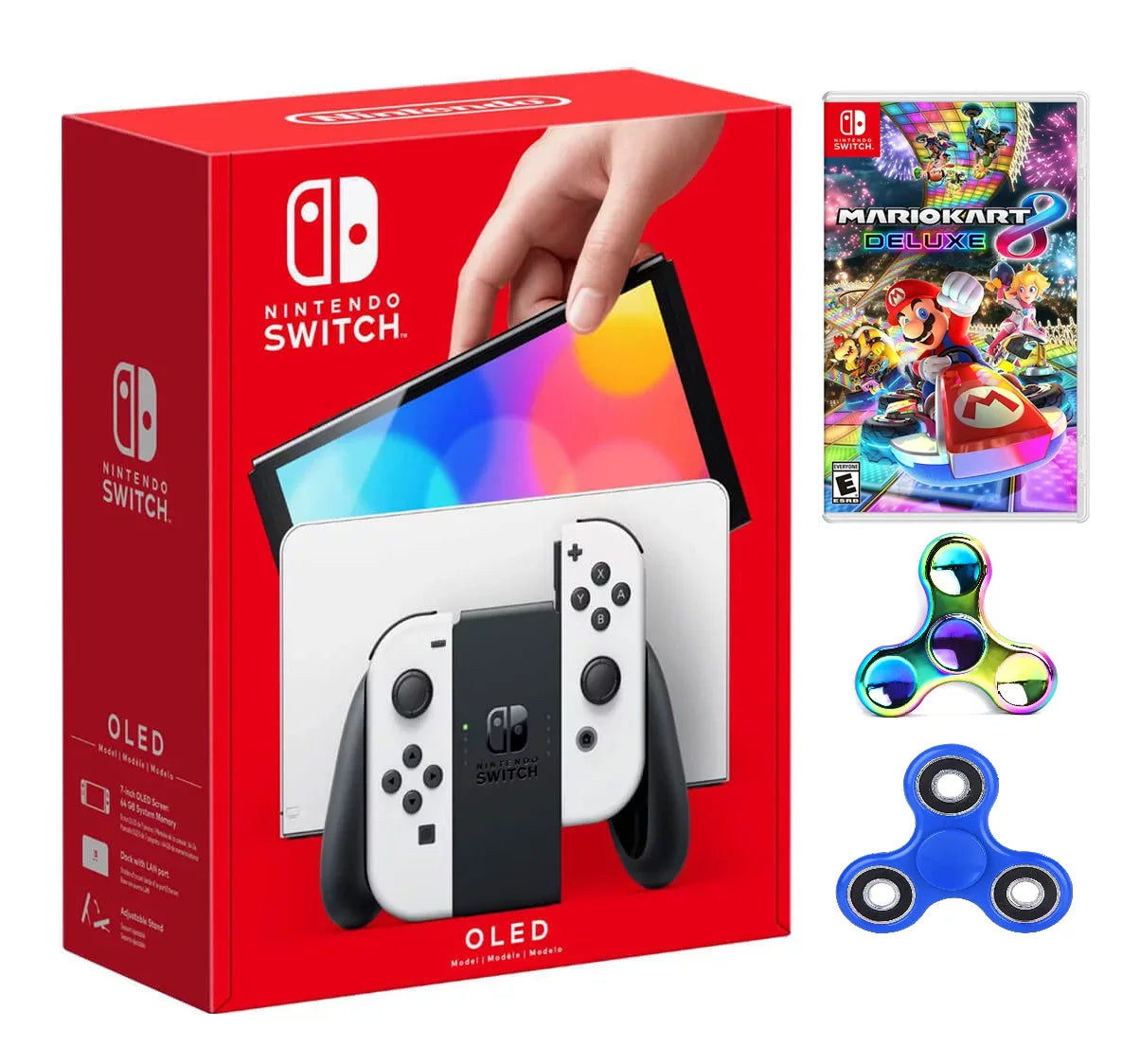 Nintendo Switch 64GB 7-inch OLED Model Bundle, White Joy-Con Controllers & Dock, 64GB Storage, Game Mario Kart 8 Deluxe with Ptech Accessories - Exclusive Design