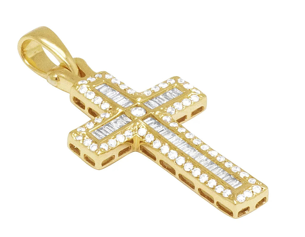 Stylish 14K Yellow Gold Diamond Baguette Cross 1.25" 0.4CT