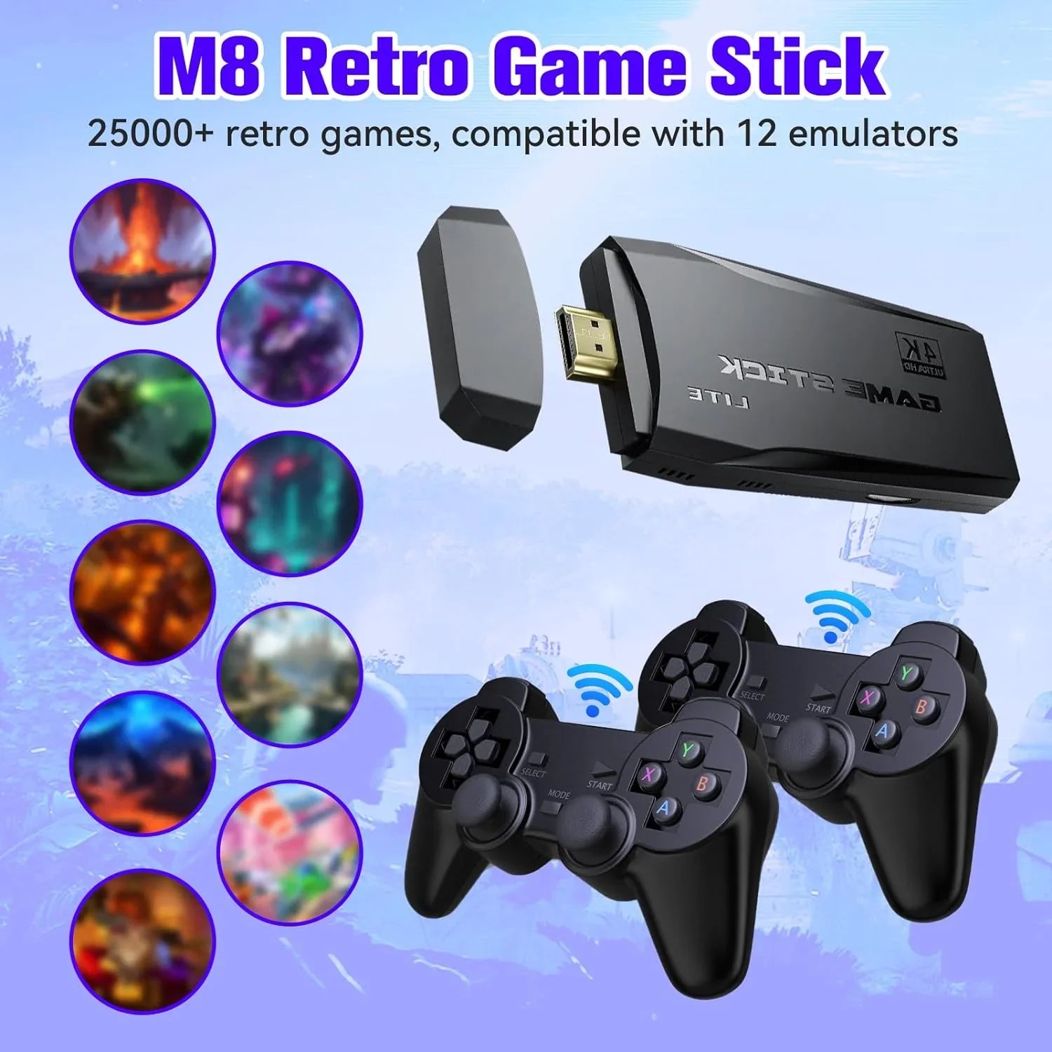 Stylish Game Stick 64G, 25,000+ Retro Games, Compatible with 12 Emulator Console, Wireless Retro Game Console Support 4K HD Output, Plug and Play Video Games for TV, 2.4G Wireless Controllers