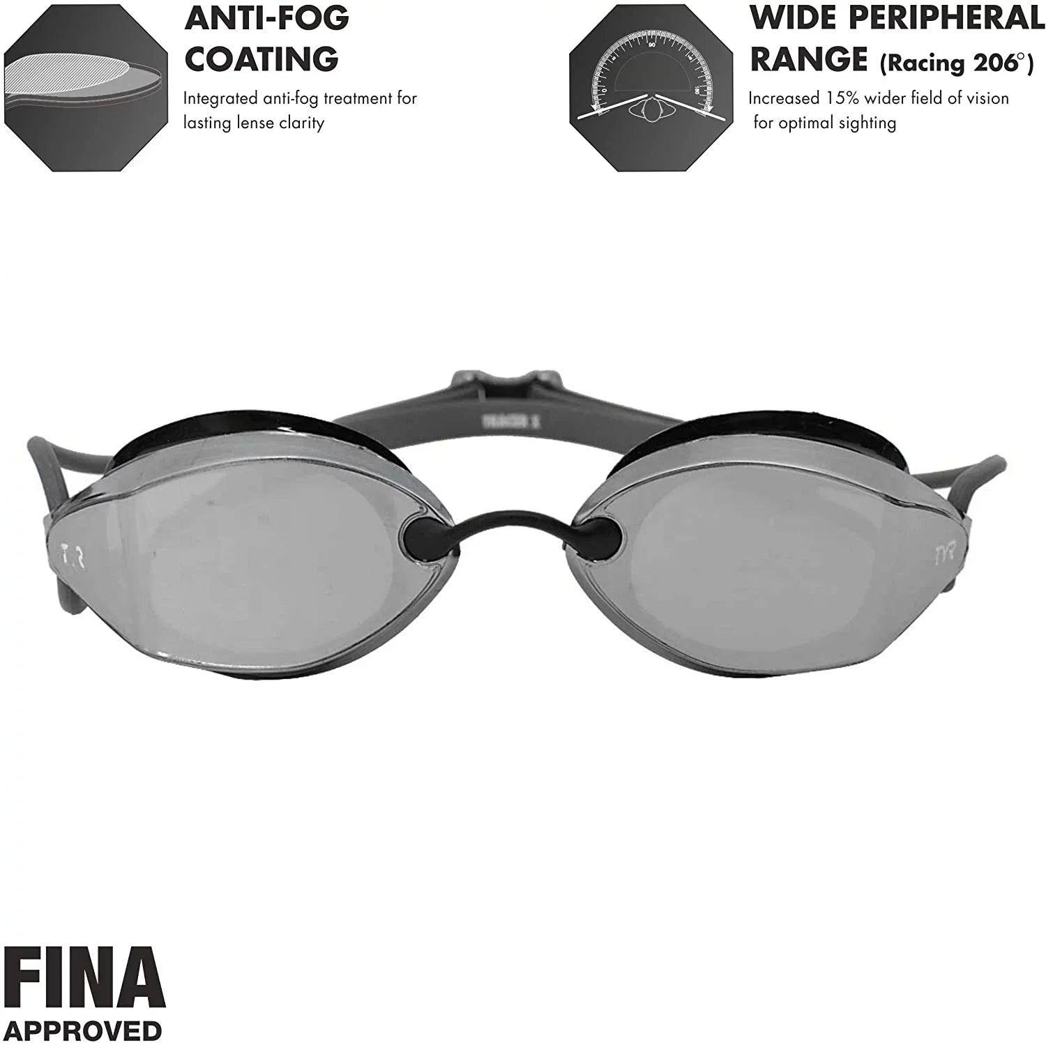 TYR Tracer X Racing Mirrored Goggle BLK Frame/Silver Gasket/Silver Metallic Mirror Lens
