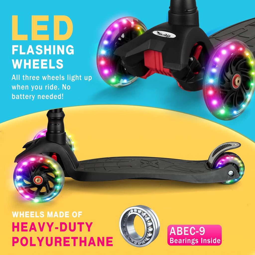 Kick Scooter Collapsible Portable Kids Push Scooter with 4 Adjustable Height, AEBC-9 Bearing, 3 Lamp Up Wheels for Boys Girls Toddlers from 3 to 12 Years Old(Black)