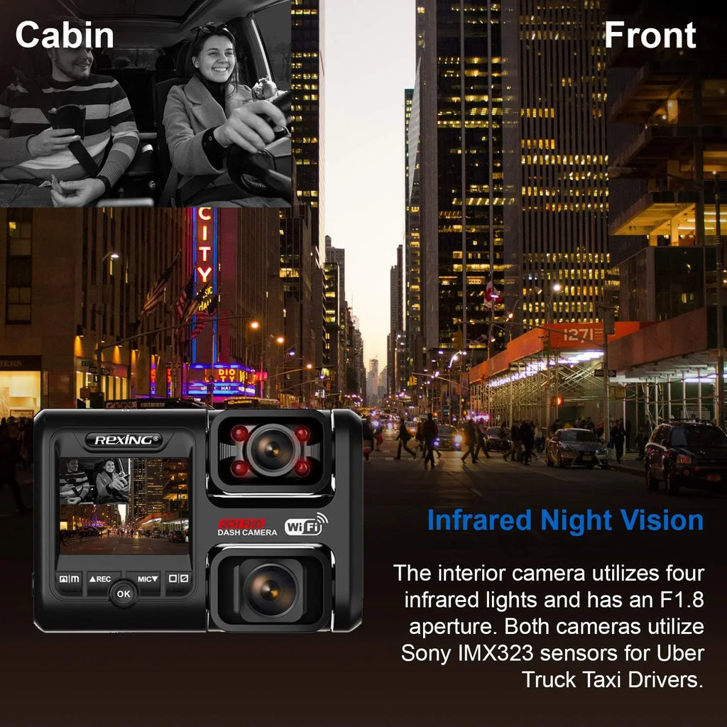 Open Box Rexing W202 Front and Inside Cabin 1080p Full HD Wi-Fi Dash Cam