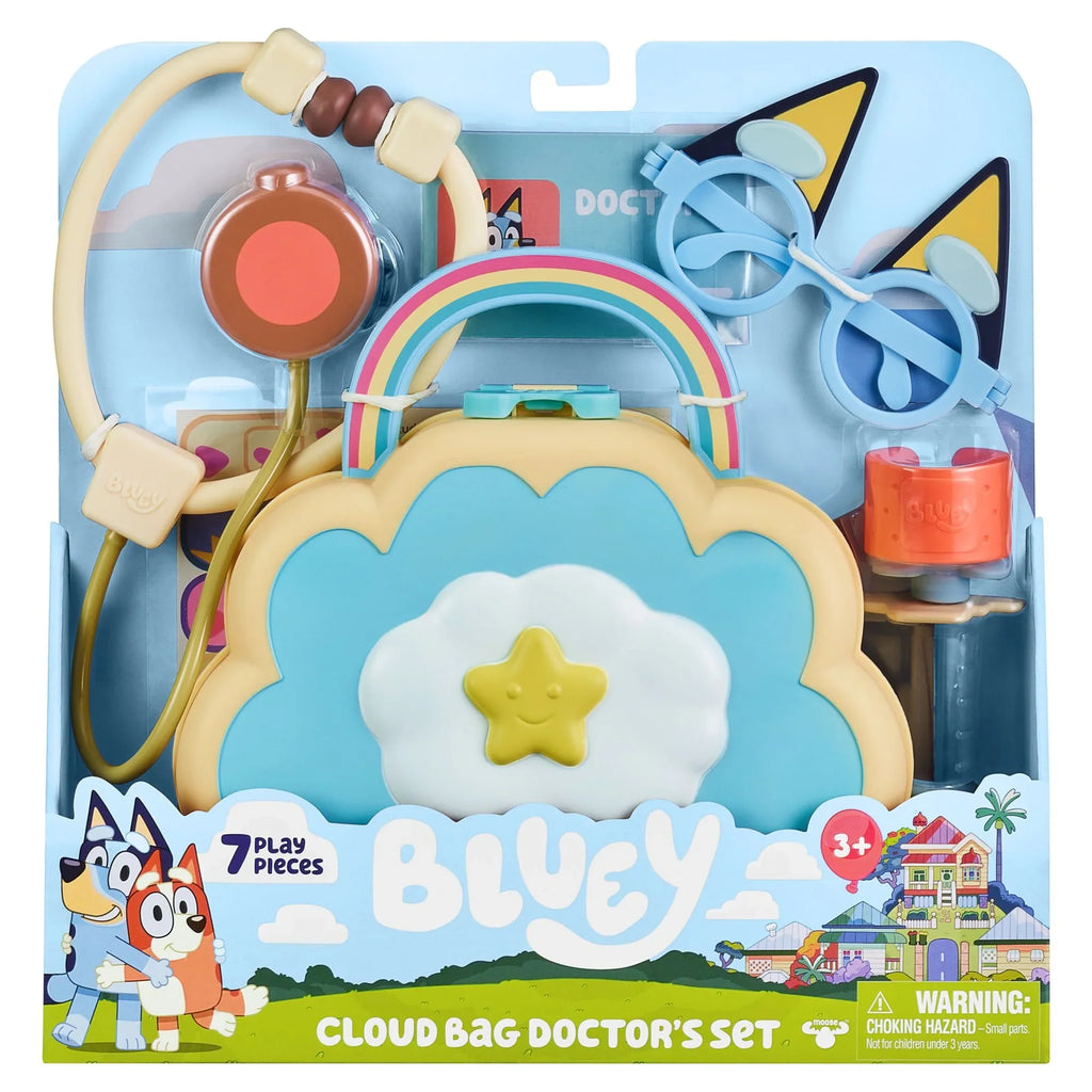 Bluey Cloud Bag Doctor's Set, Doctor Check Up Set, Toy Doctor's Playset with 7 Play Pieces, Stethoscope, Syringe, toy Bandage, Stickers, and more , Preschool, Toys for Kids, Ages 3+ - Exclusive Design