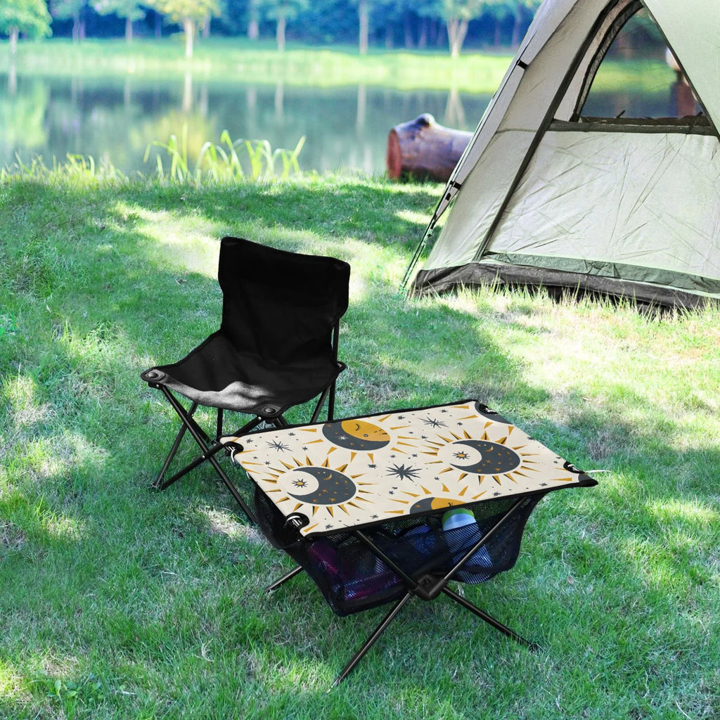 Stylish Sun Moon and Stars Camping Folding Table Portable Beach Table with Storage Bag Compact Picnic Table for Outdoor Travel Fishing BBQ