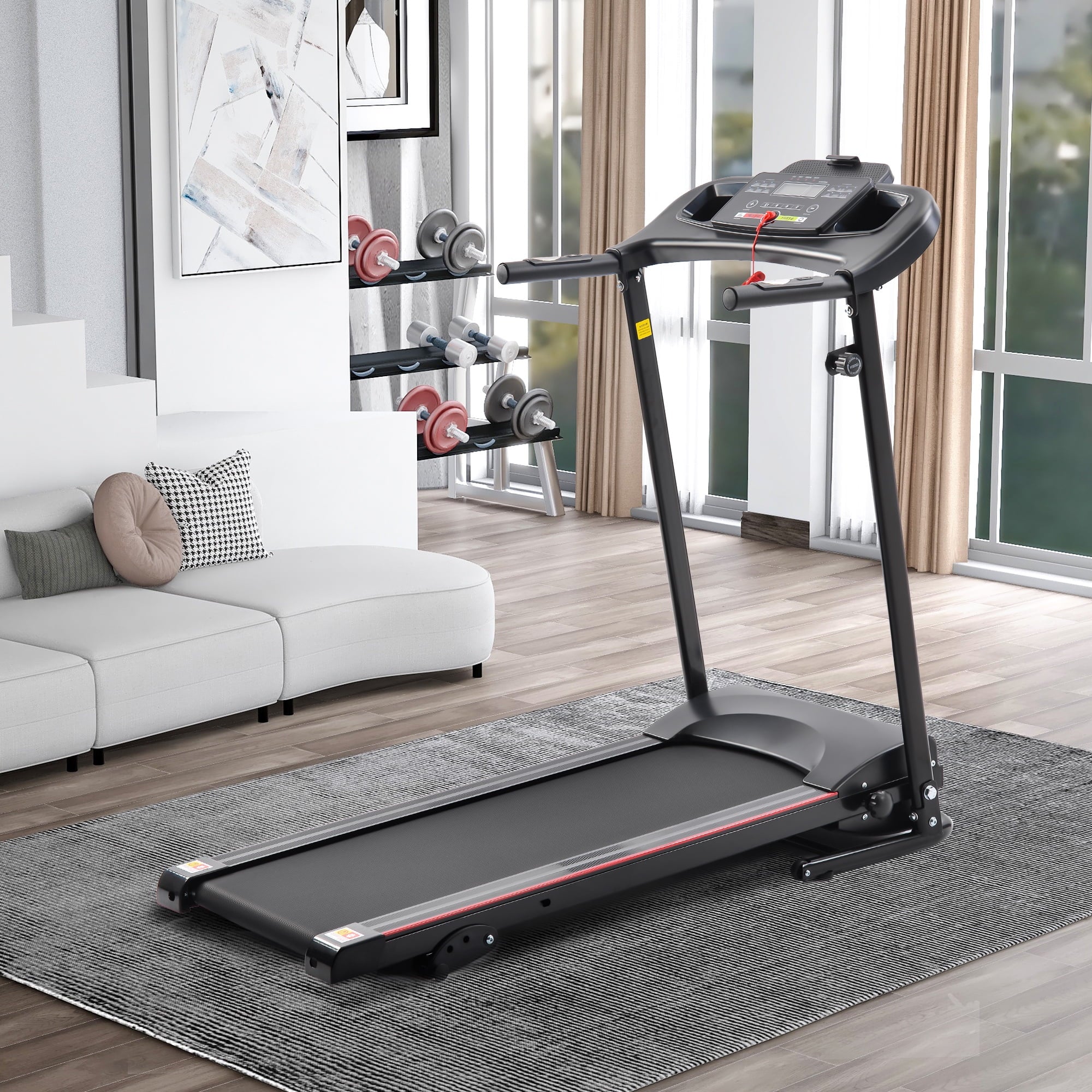 Stylish Folding Treadmill with Incline 2.5HP 12KM/H Electric Treadmill for Home Foldable; Bluetooth Music Cup Holder Heart Rate Sensor Walking Running Machine for Indoor Home Gym Exercise Fitness
