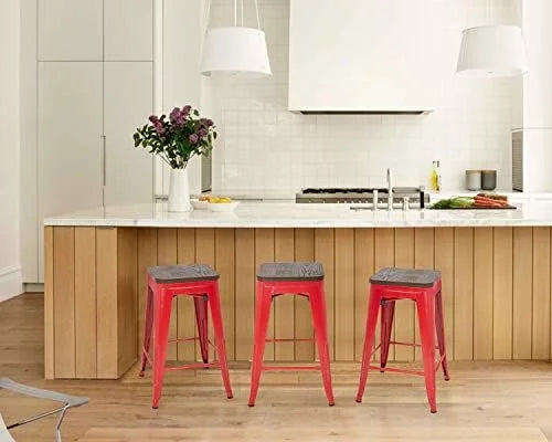 NLTBONNIE 24 Inches Metal Stools Set of 4 Counter Height Wood Seat Barstool Patio Stool Stackable Backless Stool Indoor Outdoor Metal Kitchen Stools Chairs (Red) - Exclusive Design