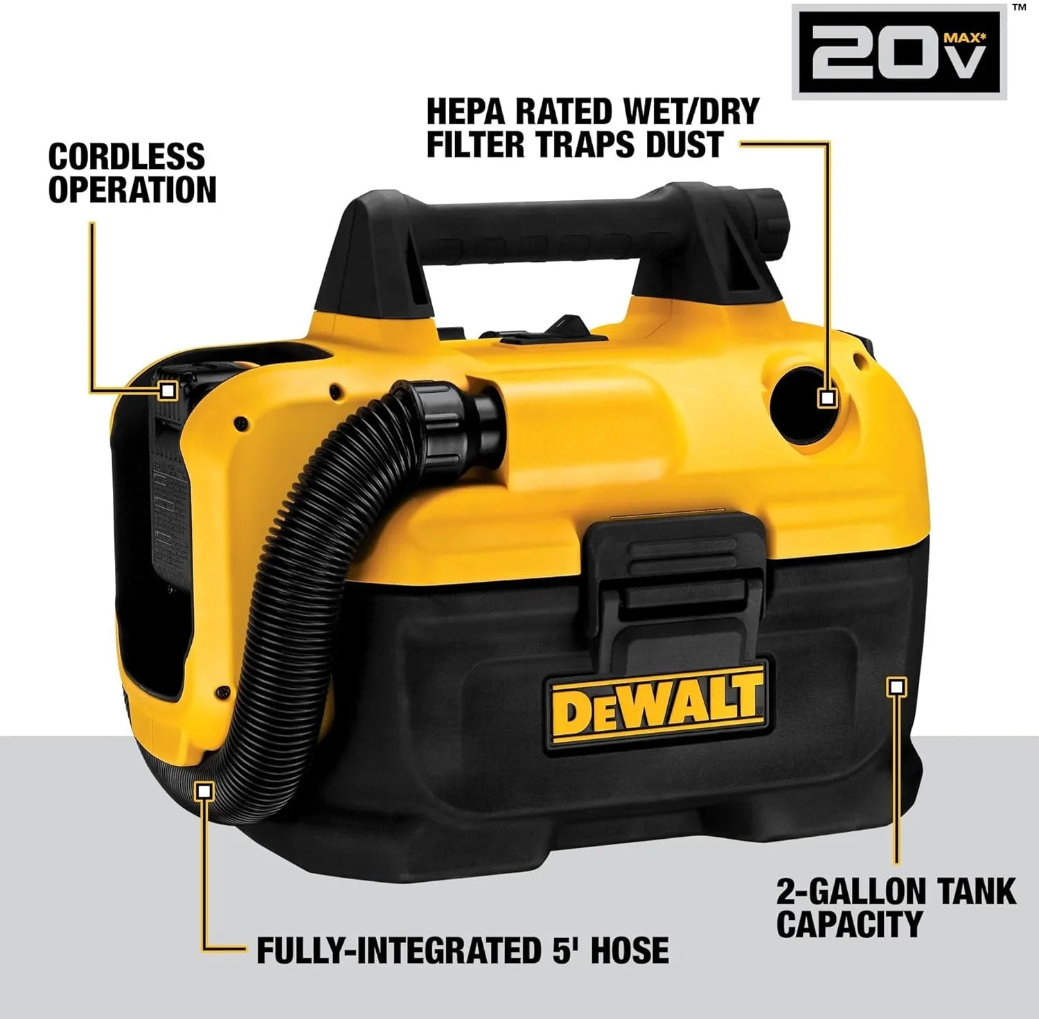 Stylish 20V MAX Cordless Wet-Dry Vacuum, Tool Only (DCV580H),Black, Yellow, 17.10 Inch x 12.80 Inch x 12.30 Inch