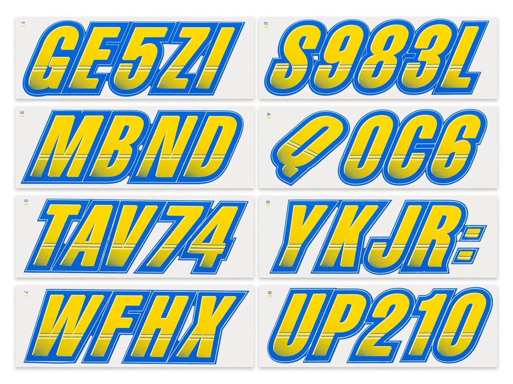 STIFFIE Techtron Yellow/Blue 3" Alpha-Numeric Identification Custom Kit Registration Numbers & Letters Marine Stickers Decals for Boats & Personal Watercraft PWC