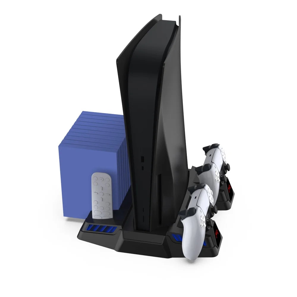 Stylish PS5 Cooling Stand Base with Charging, Disc Storage, and Multi-Functional Fan - Enhanced Cooling and Charging Dock for PlayStation 5 Digital and Disc Versions Console-Black