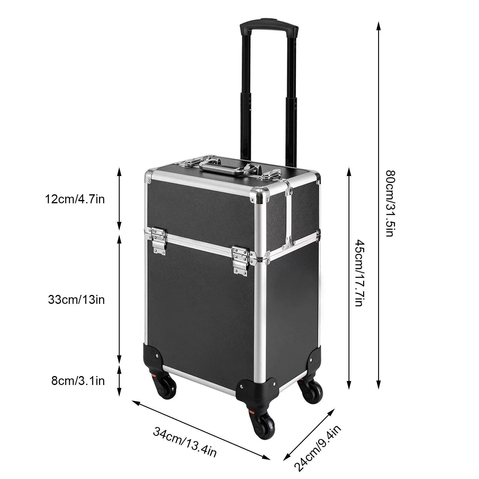 Stylish Rolling Lockable Makeup Train Case Hairdresser Trolley, Stylist Beauty Nail Salon Barber Case Cosmetic Luggage Travel Trunk Cart Organizer Tool Box with Swivel Wheels (Black)