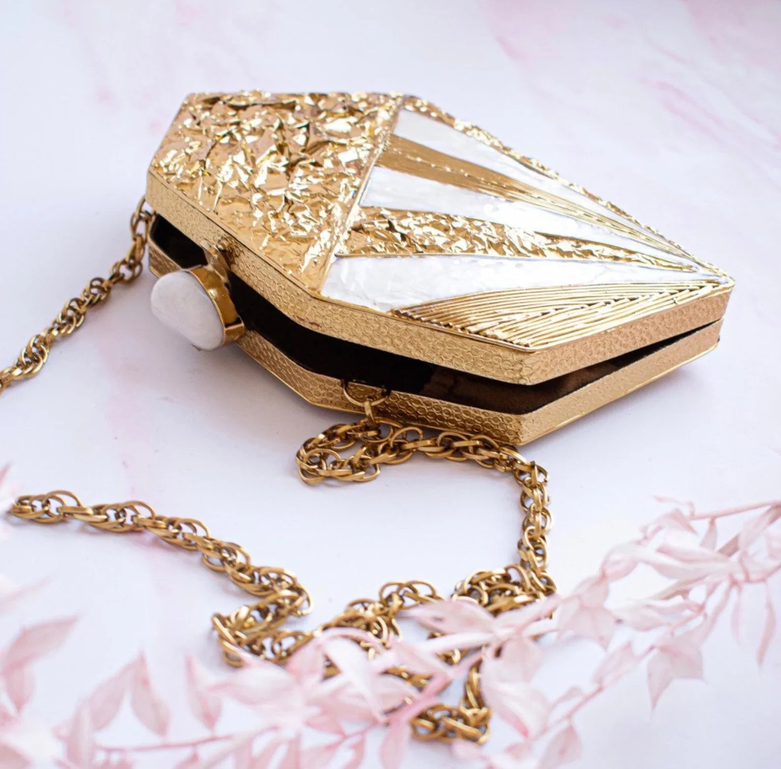 Different Craft India Royal designer handcrafted sea shell inlaid metal clutch bag for Women - Exclusive Design