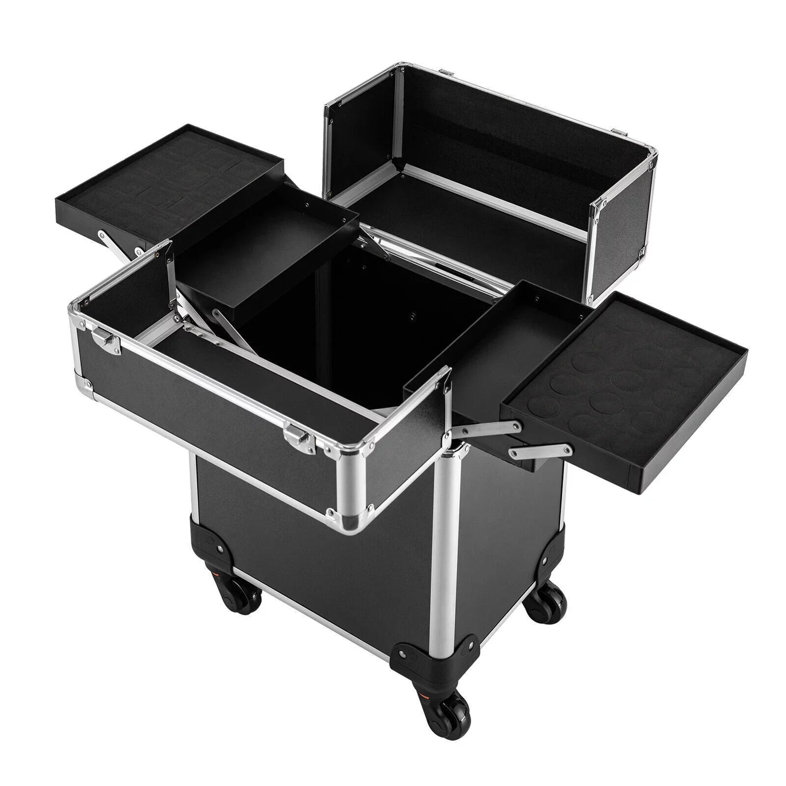 Stylish Rolling Lockable Makeup Train Case Hairdresser Trolley, Stylist Beauty Nail Salon Barber Case Cosmetic Luggage Travel Trunk Cart Organizer Tool Box with Swivel Wheels (Black)