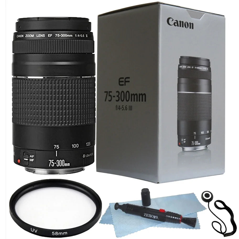 Stylish Canon EF 75-300mm f/4.0-5.6 III Lens + 58mm UV Filter + Lens Pen + Cap Holder