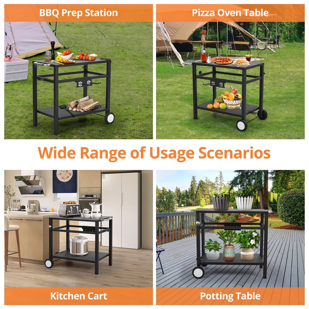Stylish HomhougoâBarbecue truck Pizza Oven rack,Stainless steel portable barbecue truck Grill prep table with wheels and hooks,side handles,Two Grill truck tabletop grill Cooking station,Bar,Camping, Family