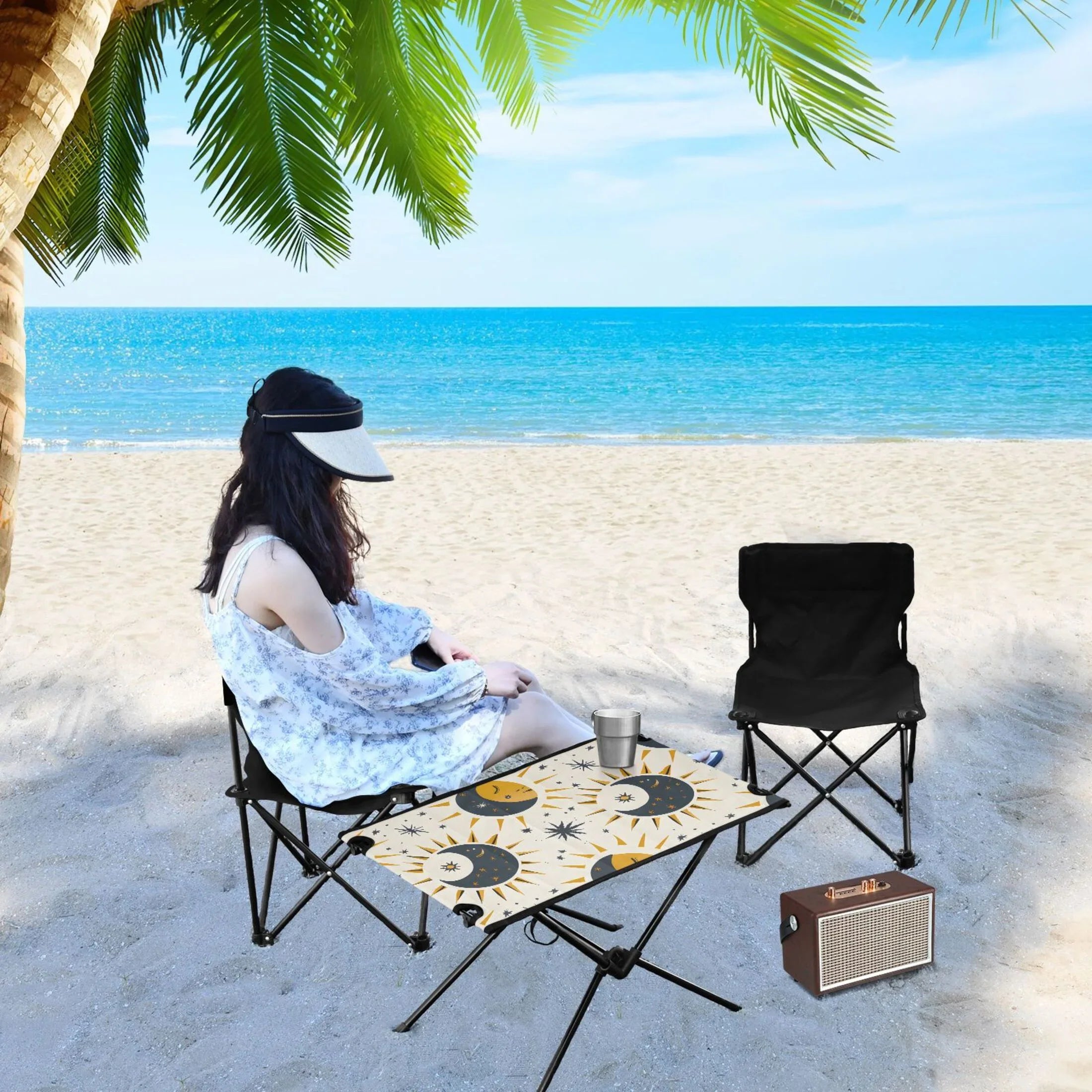 Stylish Sun Moon and Stars Camping Folding Table Portable Beach Table with Storage Bag Compact Picnic Table for Outdoor Travel Fishing BBQ