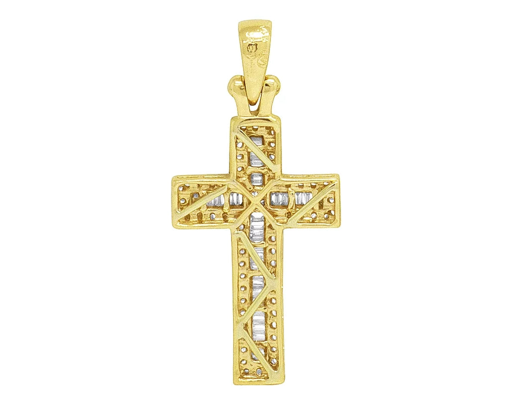 Stylish 14K Yellow Gold Diamond Baguette Cross 1.25" 0.4CT