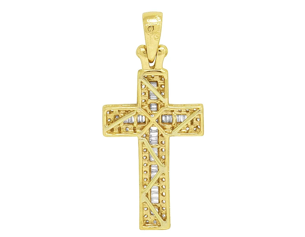 Stylish 14K Yellow Gold Diamond Baguette Cross 1.25" 0.4CT