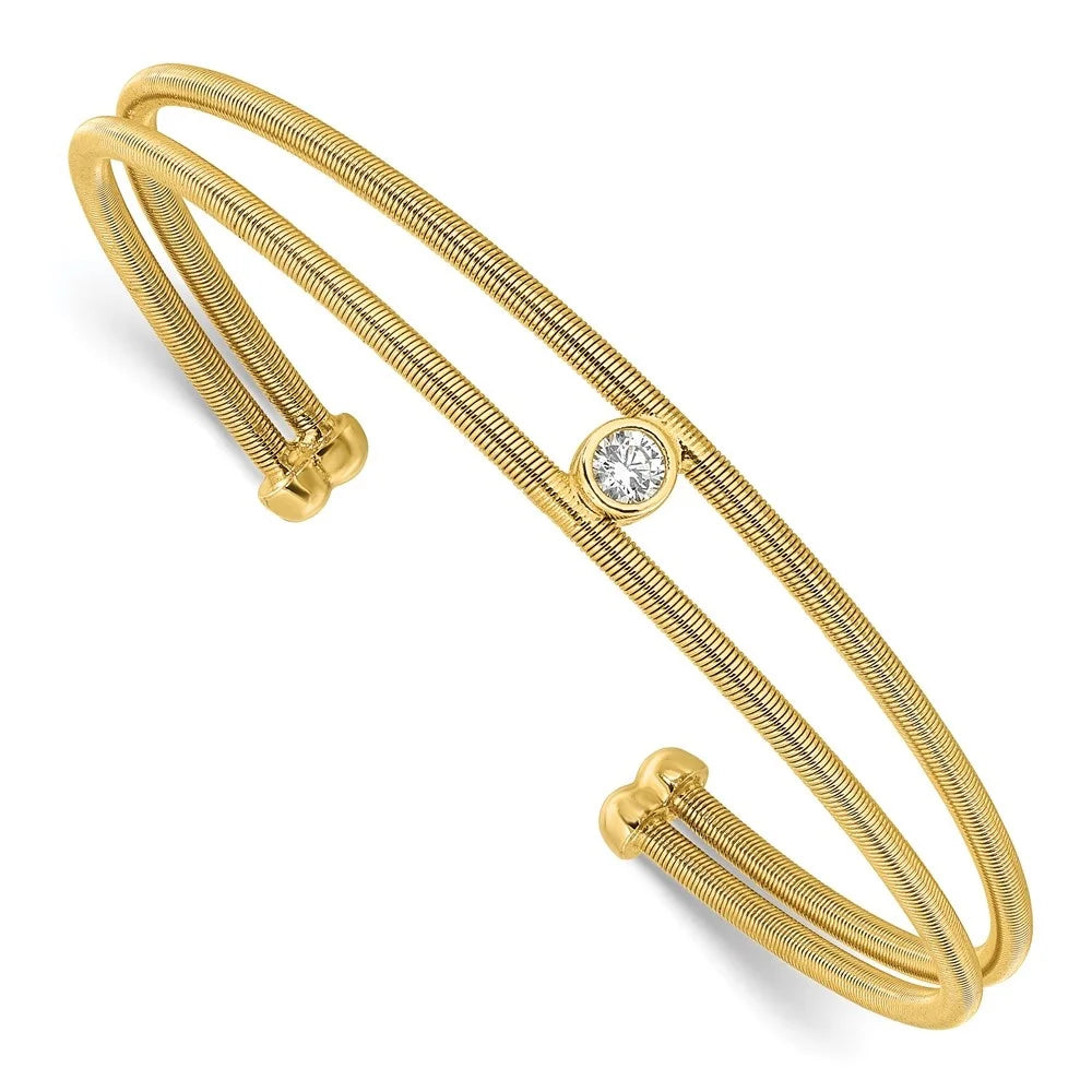 Auriga 925 Sterling Silver Polished Gold-tone Textured CZ Two Band Cuff Bracelet for Women - Exclusive Design