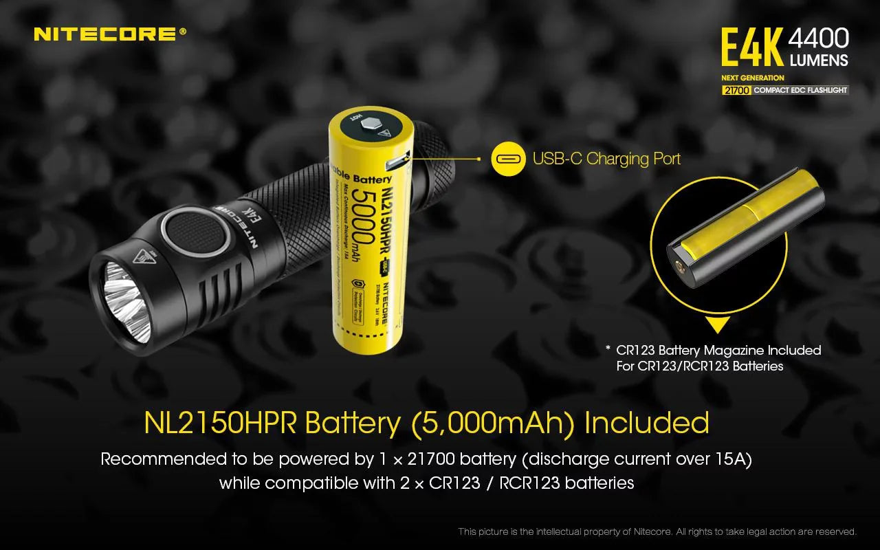 Combo: NITECORE E4K Next generation Flashlight - 4400 Lumens w/Tiki Mini Keychain Lamp -300 Lumens
