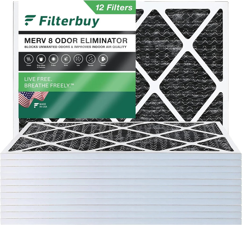 Stylish Filterbuy 16x20x1 MERV 8 Odor Eliminator Pleated HVAC AC Furnace Air Filters with Activated Carbon (12-Pack)