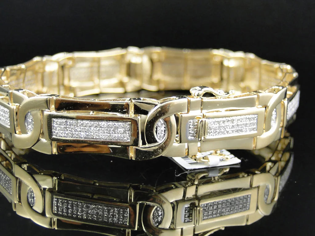 Stylish Mens Pave Set 14K Yellow Gold Round Cut Genuine Diamond 8.5 Inch Bracelet 3 Ct