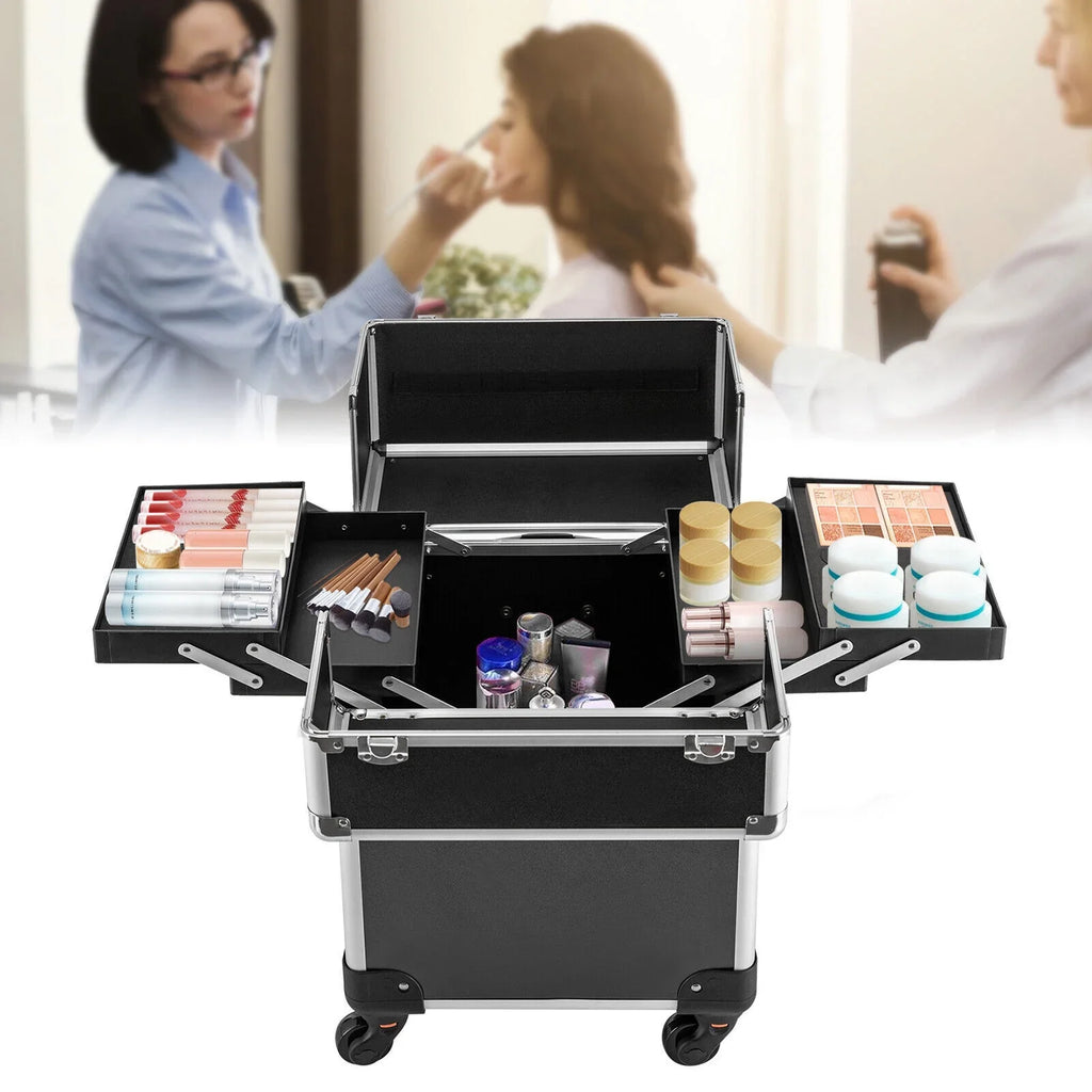 Stylish Rolling Lockable Makeup Train Case Hairdresser Trolley, Stylist Beauty Nail Salon Barber Case Cosmetic Luggage Travel Trunk Cart Organizer Tool Box with Swivel Wheels (Black)