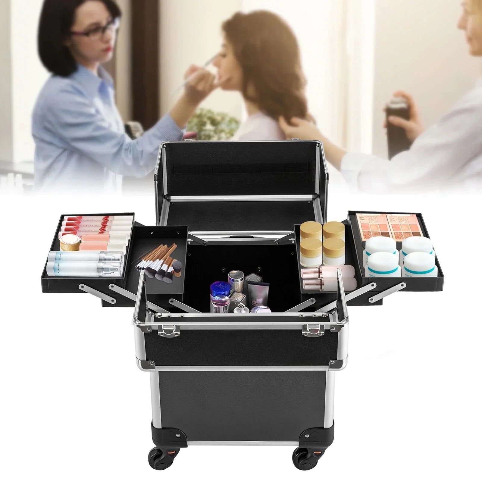 Stylish Rolling Lockable Makeup Train Case Hairdresser Trolley, Stylist Beauty Nail Salon Barber Case Cosmetic Luggage Travel Trunk Cart Organizer Tool Box with Swivel Wheels (Black)