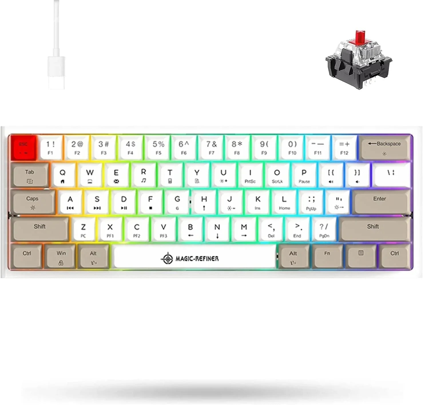 60% Portable Mechanical Gaming Keyboard, 14 Chroma Rgb Backlight, Dye-Sublimation Keycap, Type C Wired, Full Anti-Ghosting, For Pc/Windows/Mac/Ps4/Xbox (White Grey/Red Switch) - Exclusive Design