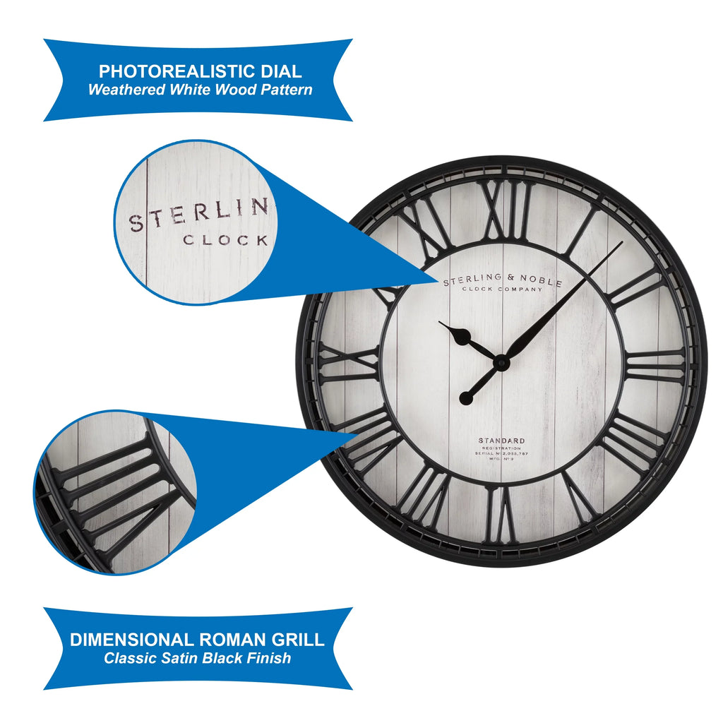 Stylish Better Homes & Gardens 20" Black and White Analog Round Raised Roman Numerals Grill Wall Clock