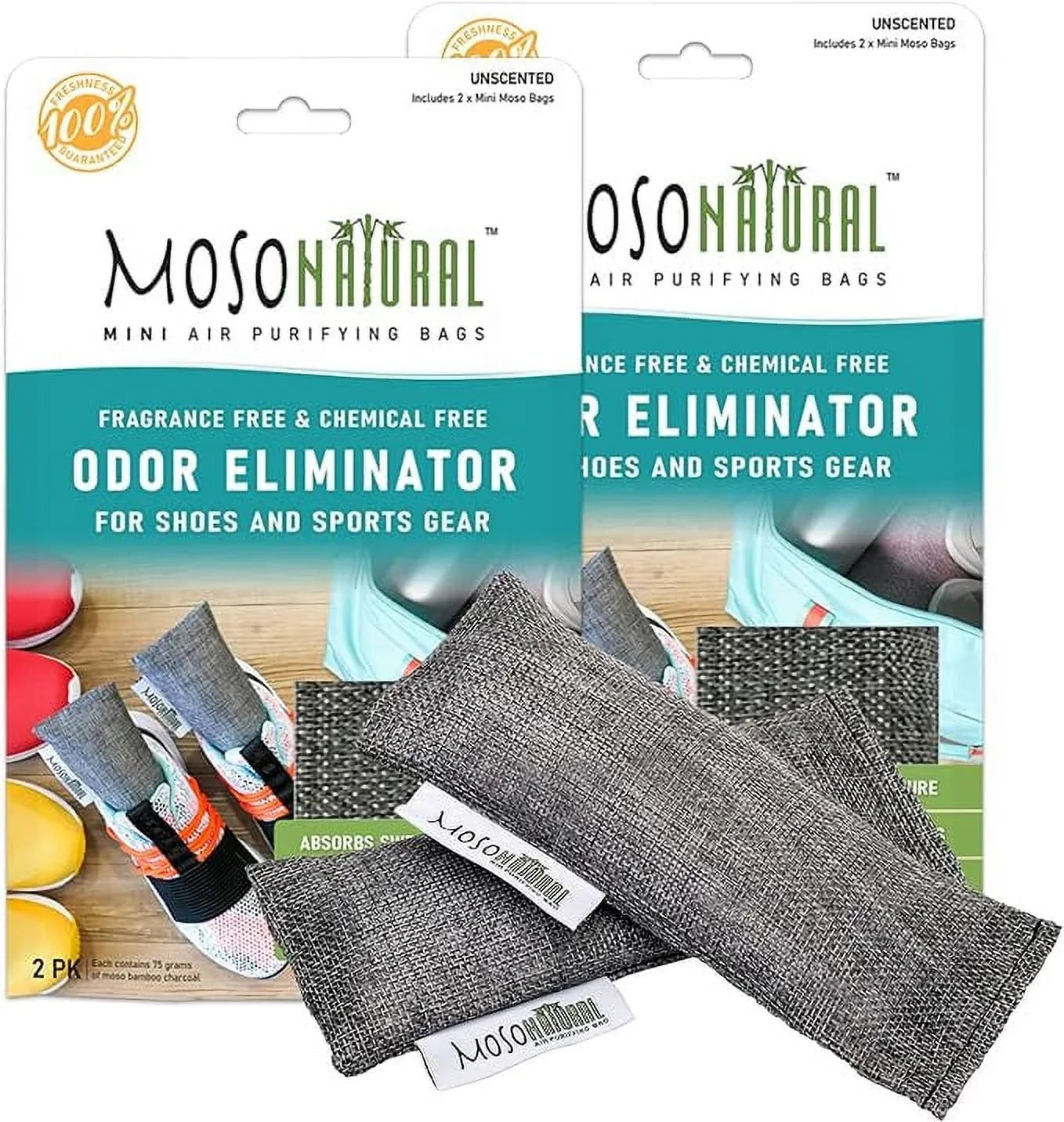 Moso Natural Mini Air Purifying Bags. A Scent Free Odor Eliminator for Shoes, Gym Bags and Sports Gear. Premium Moso Bamboo Charcoal Odor Absorber. (Two Packs of Two 75g Bags) 2 Year Lifespan! - Exclusive Design
