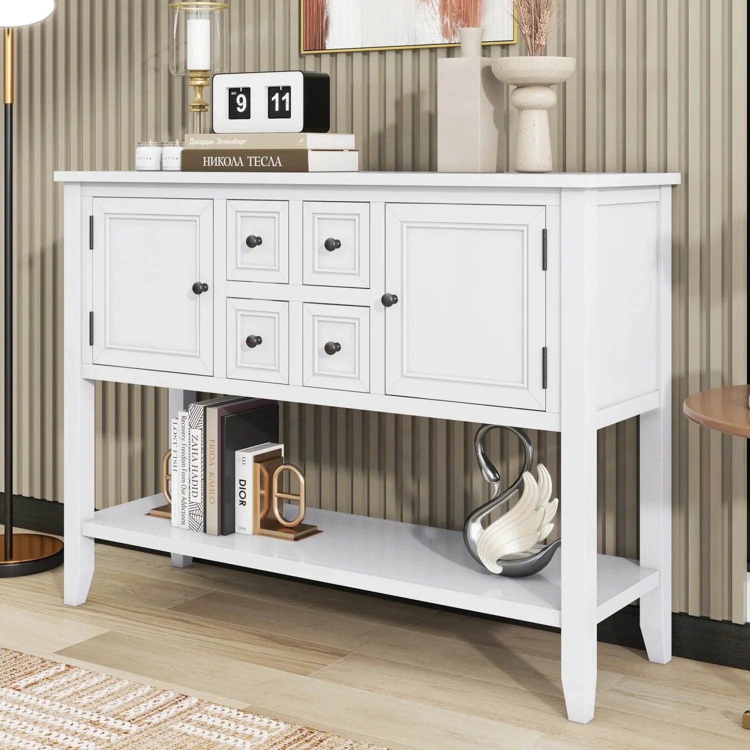Stylish TREXM Cambridge Series Ample Storage Vintage Console Table with Four Small Drawers and Bottom Shelf for Living Rooms Entrances and Kitchens (Light Navy OLD SKU WF190263AAH)