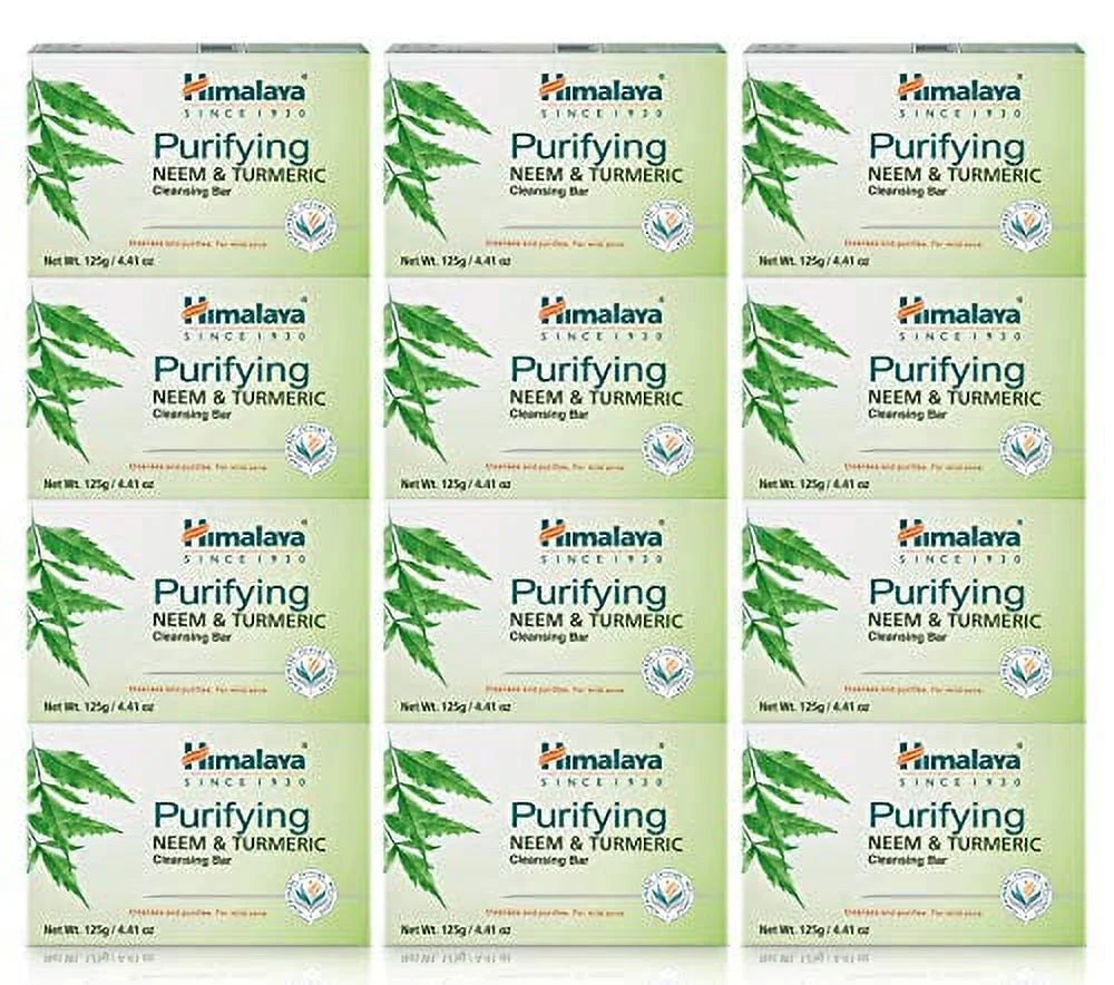 Himalaya Purifying Neem & Turmeric Cleansing Bar, Face and Body Soap for Soft, Clear & Acne Free Skin, 4.41 oz, 12 Pack