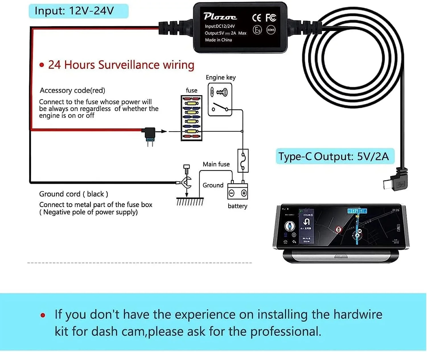 Dash Cam Hardwire Kit,Type-C Hard Wire Kit,USB C Hard Wire Kit Fuse for Dashcam, Plozoe 12V-24V to 5V Car Dash Camera - Exclusive Design